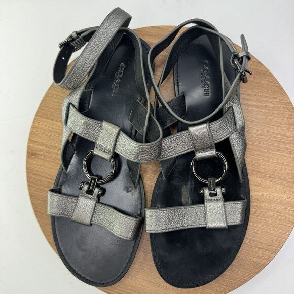 Coach Womens Black & Metallic Leather‎ Flat Sandals Adjustable Straps Size 10 - Picture 1 of 9